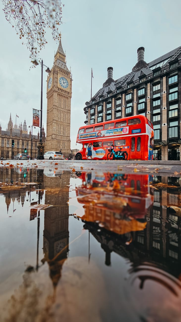 iconic london scene with big ben and red double decker bus